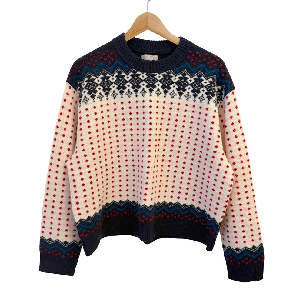 J Crew Fair Isle Crewneck Sweater Womens M 100% Lambswool Nordic Ski Holiday